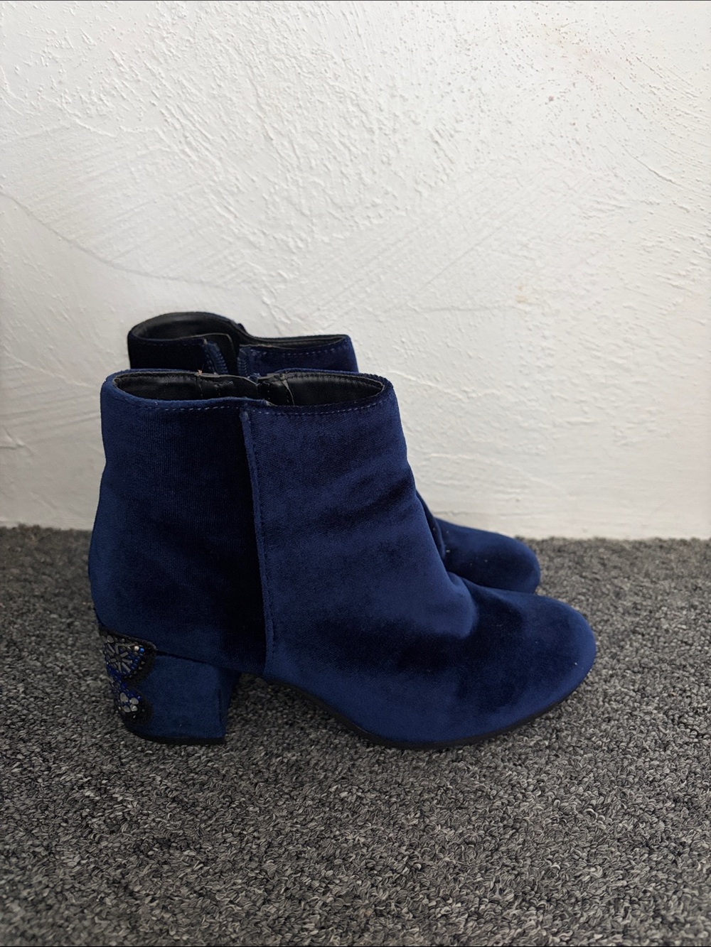 libby. edelman Navy Velvet Ankle Booties with Embellished Heel